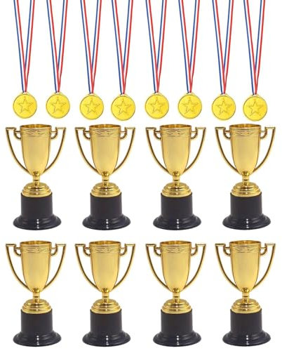 TUBAWD 16Pcs Trophy Cup, Mini Trophies, Gold Trophy and Medals Classroom School Award Party Rewards Competition Ceremony Used for Various Competition Rewards
