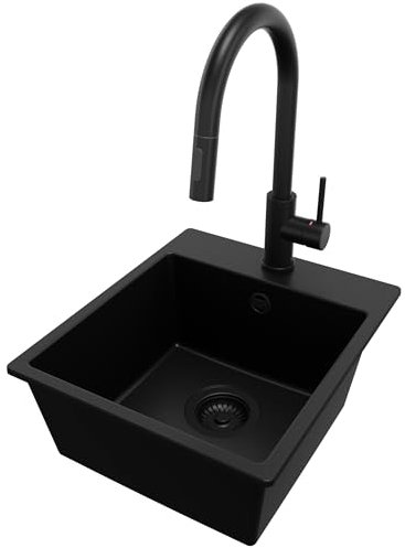 PRIMAGRAN Evier Cuisine en Granit Tout Noir 38x44cm, Lavabo 1 bac + Robinet 40x20cm + Kit de Vidage, Évier à Encastrer al mueble 40cm - Riga Easy S014
