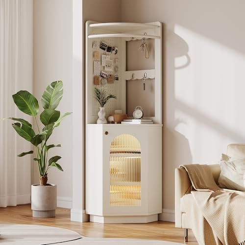 Merax Eckschrank Hochschrank mit LED - Beleuchtung, Eckregal Standregal, Badezimmerschrank mit Pegboard und verstellbaren Einlegeböden, für Wohnzimmer, Badezimmer, Weiß, 45x45x166,6 cm