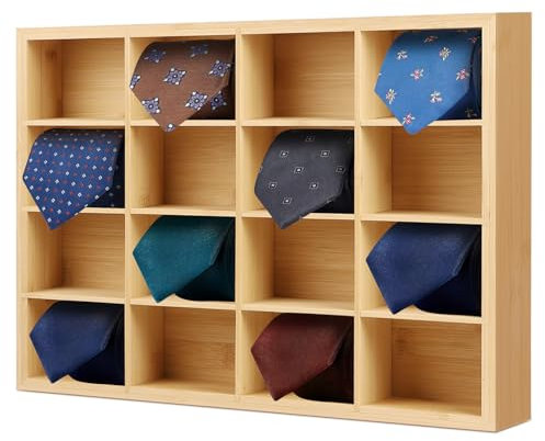 DBREAKS Bambus Krawattenhalter, 16 Fächer Krawattenorganisator zur Wandmontage, Krawattenbox für Krawatten Display, Krawattenhalter für Geschäftsleute, Krawattenhalter für Kleiderschrank(Grundfarbe)