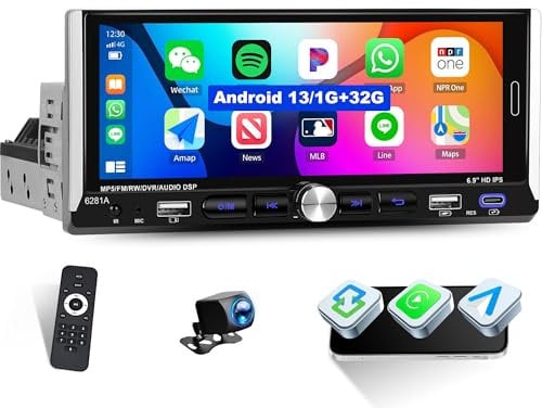1 Din Autoradio Android 13 mit Wireless Carplay und Android Auto, 6,9-Zoll-IPS-Touchscreen, 1G+32G Bluetooth/GPS/WiFi, FM/RDS, EQ, Mirror Link, 2 USB/Typ-C, Rückfahrkamera AHD/SWC/MIC