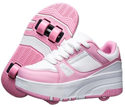 Surwin Mode Simple Roller Adolescents/Enfant, Chaussures Enfant avec roulettes, Chaussures à roulettes Retractable Détachable, Chaussure Roller Fille/Garçon, Basket Roller 29-40 EU (Rose,30)