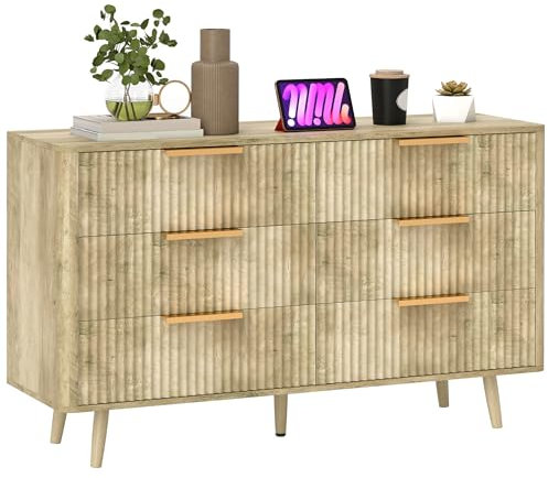 HOMCOM Commode 6 tiroirs Meuble de Rangement Style scandinave avec poignées et Pieds de pin, Bois Effet cannelé, Commode Chambre à Coucher, Salon, Couloir - 120 x 40 x 76 cm, chêne