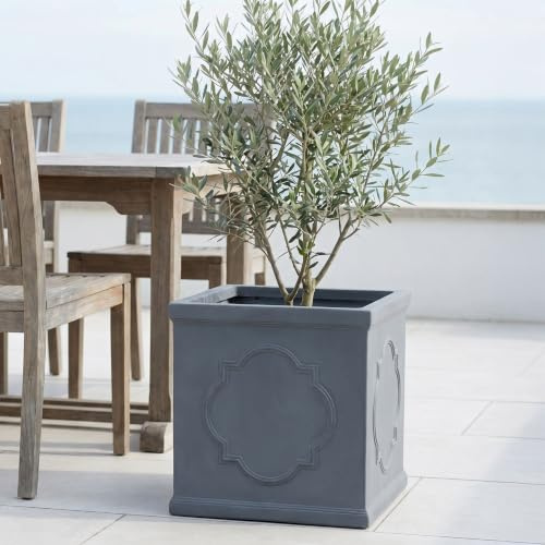 IDEALIST Plant Pots 37cm Square Planter Grey Reinforced Stone Plant Pot 39L | 1 Pack, L37 W37 H37 cm, Medium Size, Faux Lead, Frostproof, Drainage Holes, Lightweight