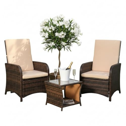 Mucola Gartenmöbel Set Polyrattan 2 Sessel mit Beistelltisch Braun | Rückenlehnen verstellbar, UV-beständig, wetterfest, pulverbeschichtetes Metallgestell, waschbare Kissenbezüge, Glasplatte