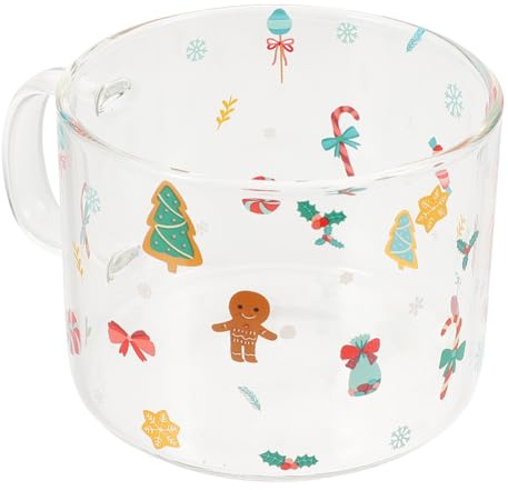 BESTYASH Transparent Christmas Glass Milk Drinking Cup Large Ergonomic Handle Xmas Beverage Mug for Coffee Juice Water Festive Cartoon Pattern Breakfast Tea Cup Gift