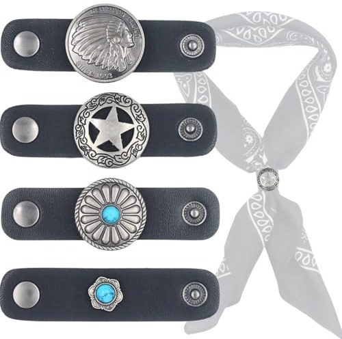 PEARLY JUN 4 Pcs Schwarz Western Bandana Schal Ring Halstuch Slide | Schnalle für Männer Frauen Seidenschal Cowboy Zubehör