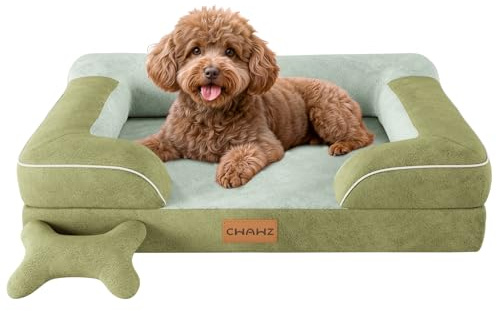 CWAWZ Mittelgroße Hundebett,76x51cm Orthopädisches Hundebett mit Knochenspielzeug, Kühlender Memory Foam Waschbar Hundesofa, Wasserdicht rutschfest Großes Hundesofa,Dunkel Grün