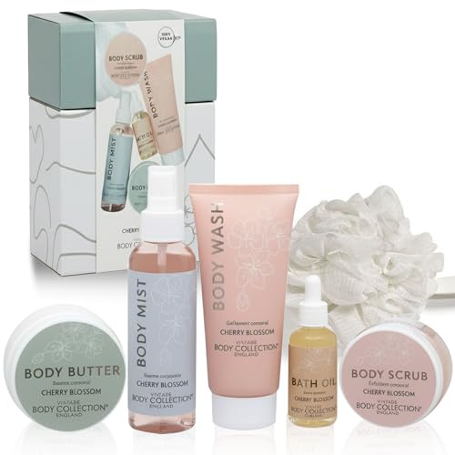 Gift for Women Vegan Body Wash Spa Set, Pamper Gift for Wife, 5 Pcs Women Skin Care Set, Body Scrub, Body Mist, Body Wash, Body Butter, Bath Oil, Soft loofah, Christmas Gift for Her