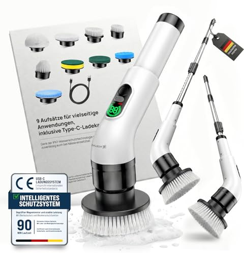 WERTWERK® Elektrische Reinigungsbürste 9-in-1 – Power-Electric Cleaning Brush mit austauschbaren Bürstenköpfen – Elektrische Putzbürste mit verstellbarem Teleskopgriff für Bad, Küche, Fliesen, Dusche