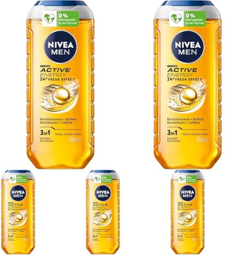 NIVEA MEN Active Energy Duschgel, pH-hautneutrale Pflegedusche mit 24h Frischeeffekt für Männer, revitalisierende Formel mit Koffein für Körper, Gesicht und Haar (250 ml) (Packung mit 5)