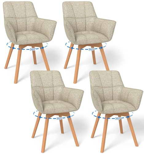 WAFTING 4er Set 360° Drehbare Esszimmerstühle mit Armlehnen und Holzbeinen | Drehbar Stühle, Moderner Küchenstuhl aus Samtstoff, Polsterstuhl für Esszimmer, Wohnzimmer, Küche, Schlafzimmer, Khaki