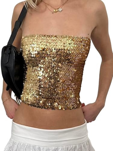 Anuedgis Damen Y2K Funkelndes Pailletten Tube Top Glitzer Trägerlos Crop Bandeau Wickel-Oberteil für Karneval Rave Party Festival, A-Gold, M