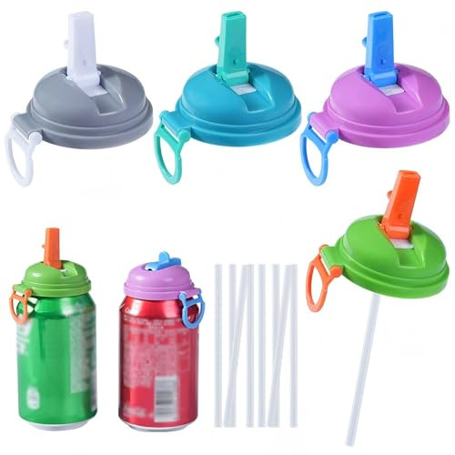 4 Pieces Soda Can Lids with Straw, BPA-Free Reusable Soda Can Covers, Leak-Proof Spill-Proof Can Covers with Straws, Fits Standard for Fizzy Drinks, Beer, Juice, Seltzer, Energy Drinks (A)