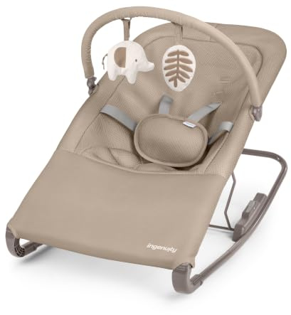 Ingenuity Nestle Vibrations Baby Wippe, leichte faltbare Babyschaukel mit atmungsaktivem Stoff, 2-fach verstellbar, Spielzeugleiste, 5-Punkt-Gurt, mit Reisetasche