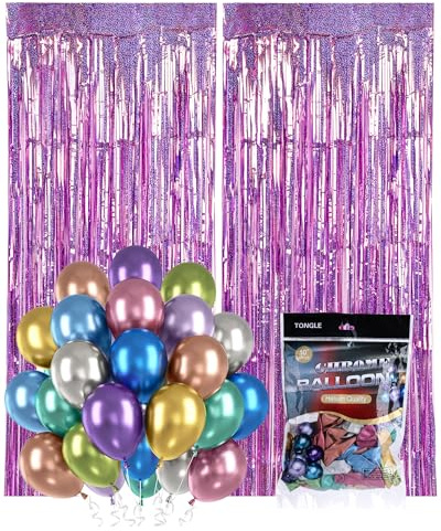 Acual Lametta Vorhang Rosa, 2 Stück Glitzervorhang mit 50 Luftballons | 2 Glitzervorhänge 1x2,5m, ideal als Fotohintergrund für Geburtstag, Hochzeit und Partydekoration
