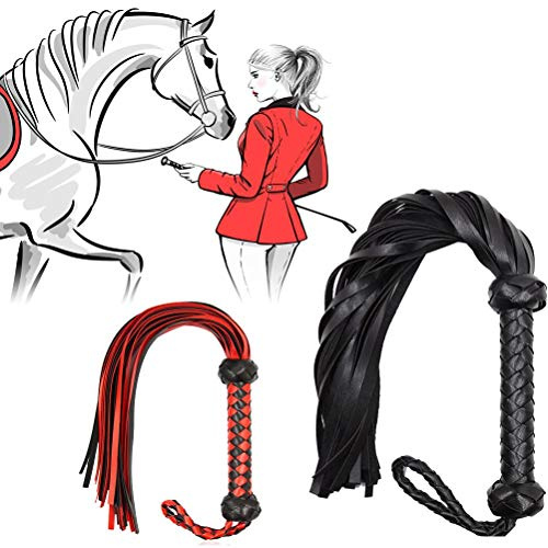 OPPWONG Fouet d'équitation Noir, Fouet de Jeu en Simili Cuir, d'entraînement pour Chevaux avec Poignée Confortable, Idéal pour l'entraînement équestre, 23,4x6,5 Pouces (Rouge + Noir)