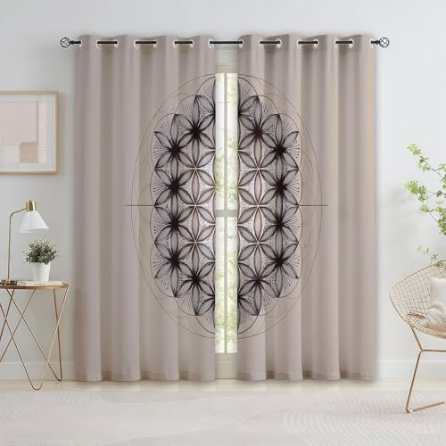 XCQHZYQ Beige Blickdicht Vorhänge für Wohnzimmer Minimalistisch Boho Blume des Lebens Verdunklungsvorhang mit Ösen, Blickdicht Gardinen Thermovorhang für Schlafzimmer Deko 2er Set, H 160 x B 132 cm
