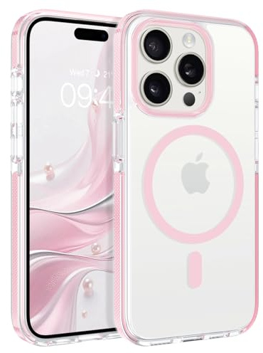 YINLAI for iPhone 15 Pro Magnetic Case with MagSafe, Slim Clear Back Pink | Strong Magnetic Lock, Sleek Durable Anti-Yellowing Clear Back, Non-Slip Blue Edge, Military-Grade Shockproof Protective
