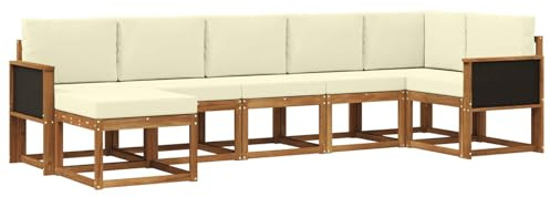 vidaXL Outdoor-Sofagarnitur mit Kissen 7 pcs Natur und Creme Polyester, Modularer Gartensofa-Set, modernes Outdoor-Sofa, wetterfester Terrassenmöbel, Akazienholz, braunes Sitzen