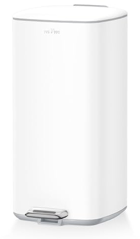 mVm Papelera de Cocina Slim de Acero Inoxidable, 30L Diseño Rectangular Alto y Estrecho, Tapa Fina con Cierre Suave, Cubo Interior Extraíble, Pedal Antideslizante, 4 Colores Blanco