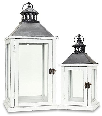 2tlg. Laternen-Set aus Holz, Metall und Glas - Windlicht Farbe weiß - Kerzenhalter Holzlaterne Gartenlaterne Gartenbeleuchtung Dekoration Shabby Vintage Shabby Antik