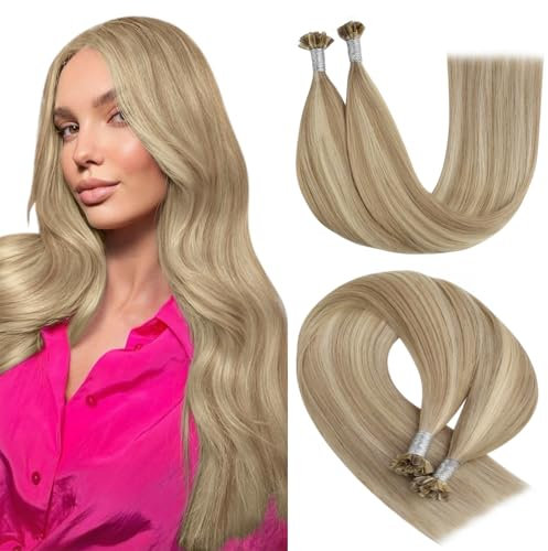 YoungSee Highlight U Tip Hair Extensions Human Hair Blonde and Medium Blonde Utip extensions K Tip Human Hair for Volume 14In 1G/S 50G