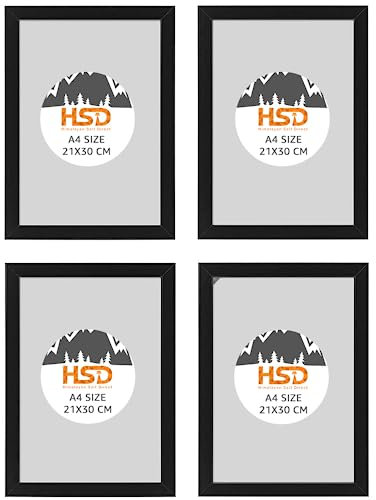 HSD Black A4 21x30cm Photo Frame, A4 Size Picture Frames Portrait Landscape Wall Mountable Frames Modern Picture Hang Hook Frame Display For Home Office Wall Décor - Set of 4