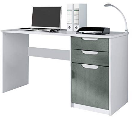 Vladon Schreibtisch Logan, Made in Germany, Bürotisch mit 2 Schubladen und 1 Tür, Weiß matt/Beton dunkel Optik (129 x 76 x 60 cm)