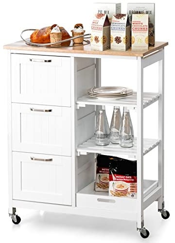 COSTWAY Küchenwagen mit Tablett, 2 Ebenen Lagerregal und 3 großen Schubladen, Küchenschrank rollbar, Kücheninsel aus Kautschukholz, Servierwagen 67 x 37 x 82,5 cm