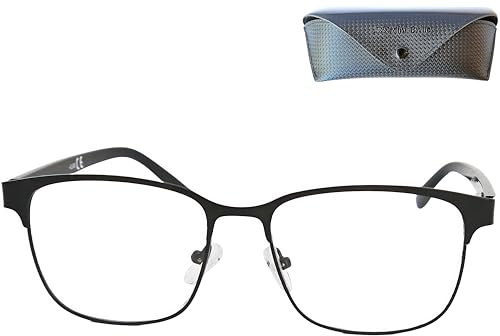 Vintage Blaulicht-Lesebrille rechteckig für Damen & Herren mit Etui | Große eckige Gläser, Metallrahmen mit Kunststoffbügeln, 134 mm breit, 26 g – inklusive Brillenetui
