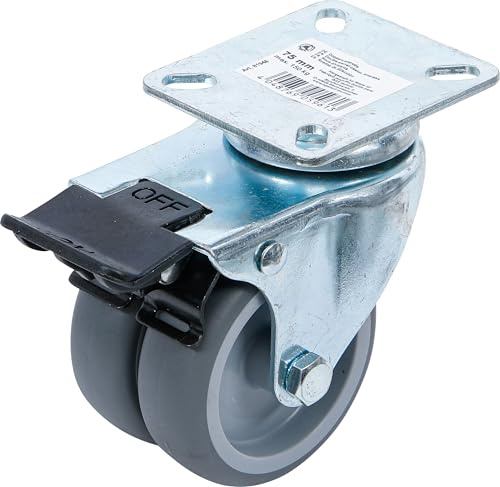 BGS Diy 81948 | Doppel-Lenkrolle | mit Bremse | Ø 75 mm | Tragfähigkeit max. 150 kg | Rahmen aus Stahl, verzinkt | Räder aus TPR-Kunststoff und Polypropylen (PP) | Anschraubsockel