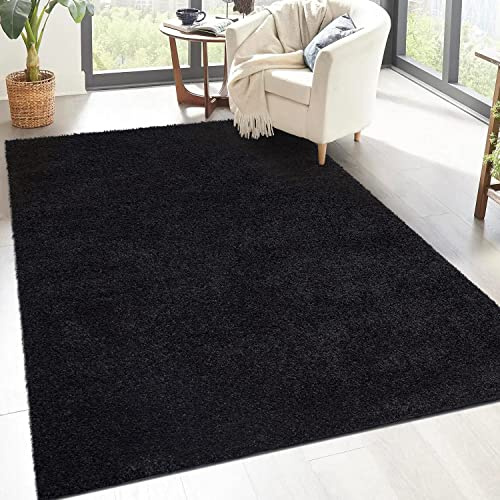 carpet city Shaggy Hochflor Teppich - 150x150 cm Quadratisch - Schwarz - Langflor Wohnzimmerteppich - Einfarbig Uni Modern - Flauschig-Weiche Teppiche Schlafzimmer Deko