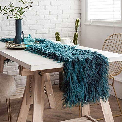 Ricemru Tischläufer Fell Petrol Flauschig 30x300 Tischband Lammfell Kunstfell Lang Haare Herbst Modern Tisch Läufer Home Decor für Hochzeit Party Weihnachten