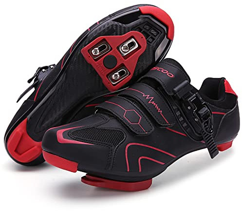 Mens Womens Cycling Shoes Compatible with Peloton Bike Indoor Outdoor Road Bike Riding Shoes with Look Delta Cleats Pre-Installed Clip in Pedal, (Black-red, 10.5)