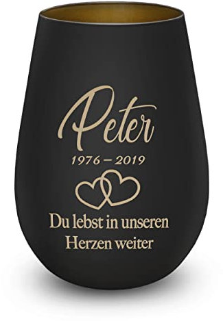 Trauerlicht Gedenklicht Andenken Windlicht Trauergeschenk Tod Erinnerung Teelichtglas Grablicht Kistallglas schwarz Herzen mit Gravur Name und Datum