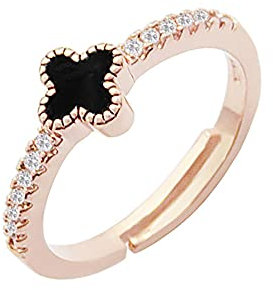 Wedity - Anello con pietra a forma di quadrifoglio, con strass, aperto e regolabile, idea regalo per donne e ragazze, colore: oro rosa