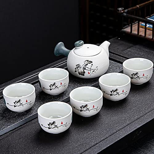 EZ Snowflake Glaze Chinese Tea Set - 1 teapot and 6 Tea Cups (Fragrant Lotus Flower - Side Handle Pot)