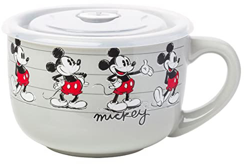 Silver Buffalo Disney Mickey Sketch Line Up Tasse à soupe en céramique avec couvercle en plastique ventilé, 700 ml