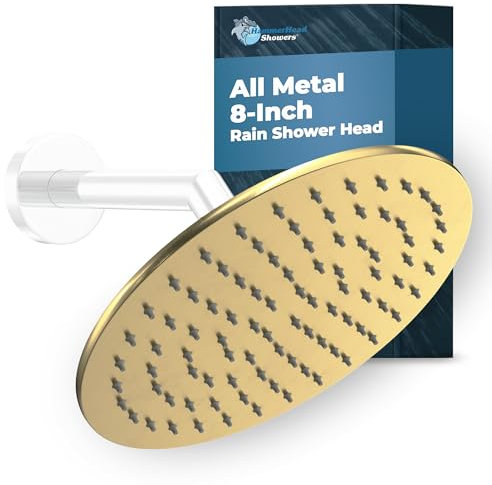 HammerHead Showers ALL METAL 8 Inch Rainfall Head – BRUSHED GOLD - Head Rainfall - 2.5 GPM High Flow Head Optimized for Pressure – Large Round Rain Heads - Wall, Overhead, or Ceiling Mount