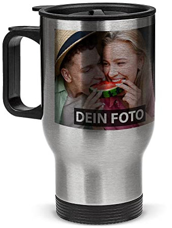 Tassendruck Edelstahl-Thermobecher selbst gestalten individuell mit Text und/oder Foto - Coffee to Go Becher, Reisebecher BPA-frei, Camping, Büro | Personalisiertes Geschenk, Silber, 390 ml