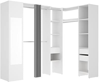 Vente-unique-Armario ropero de Esquina con Cortina y 1 Puerta - con Espejo - L231 cm - Blanco y Gris - Bertrand