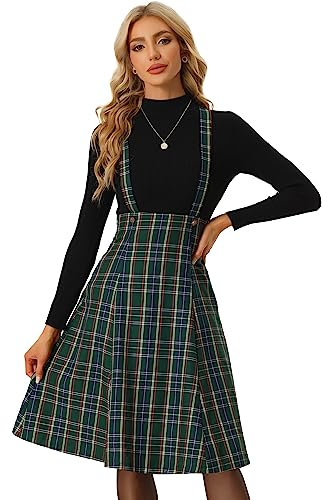 Allegra K Jupe à Bretelles mi-Longue à Carreaux pour Robe Chasuble Tartan pour Femme Vert L