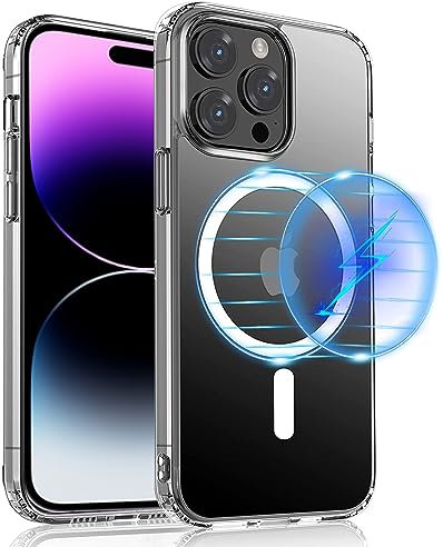 S. Dawezo Magnetische hülle für iPhone 14 Pro, Magnetic Wireless Charging, Militärschutz, Anti Yellow Kratzfest, Stoßfest, Schlank Transparent Handyhülle kompatibel mit iPhone 14 Pro