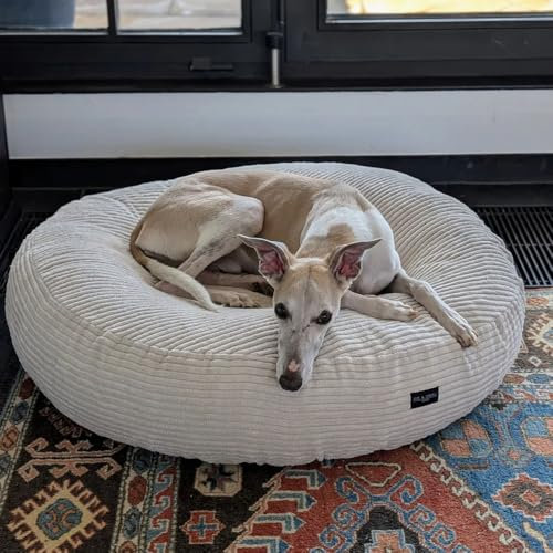 EDEL&SCHNELL orthopädisches Hundebett mit waschbarem Bezug, rundes Hundekissen in Sand mit Cord Bezug in Beige, Durchmesser 90 cm