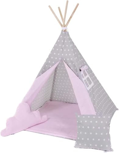 Kinder Teepee Tipi Set für Kinder Spielzeug drinnen draußen Spielzelt Zelt 8 Elemente dabei Tipi-Set Indianer Indianertipi mit Fenster usw. (mit kleinem Zubehör Grauer Stern)