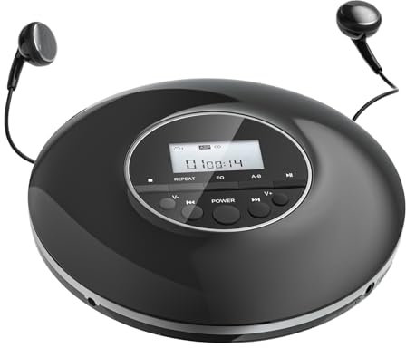 Gueray Tragbarer CD Player Tragbar für Auto mit Kopfhörern und Display-Unterstützung Anti-Skip-Schutz Wiederholte Wiedergabe Hold Lock Speicher-Funktion für Hörbücher Kinder