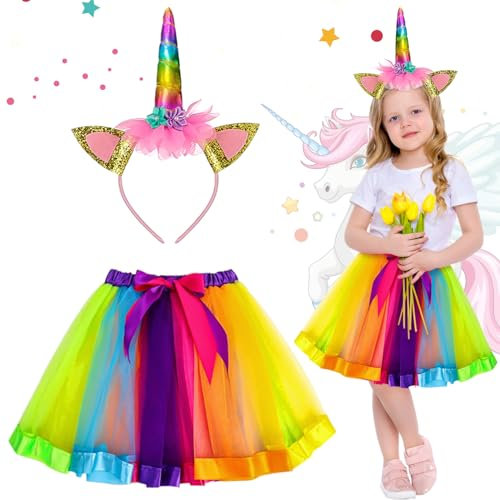 2Pcs Deguisement Licorne Enfant, Serre Tete Licorne Tutu de princesse licorne pour filles, pour fête d'anniversaire, carnaval, déguisement de licorne sur le thème de la licorne Cosplay Cadeaux