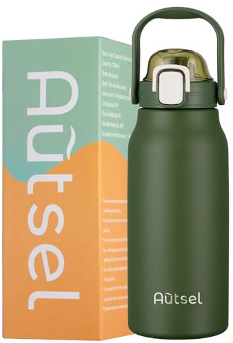 Autsel 1.7L Stainless Steel Water Bottle with Straw - Large Metal Flask with Handle - Double Walled Insulated Sports Bottle - Leakproof for Gym Sports