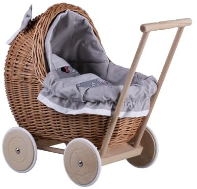 e-wicker24 Alles aus Weide Puppenwagen aus Weide mit Bettwäsche perfekte Geschenkidee Korbpuppenwagen schöner Spielzeug aus Korbgeflecht Korbwagen für Puppen Spielzeug für Mädchen (Grau1)